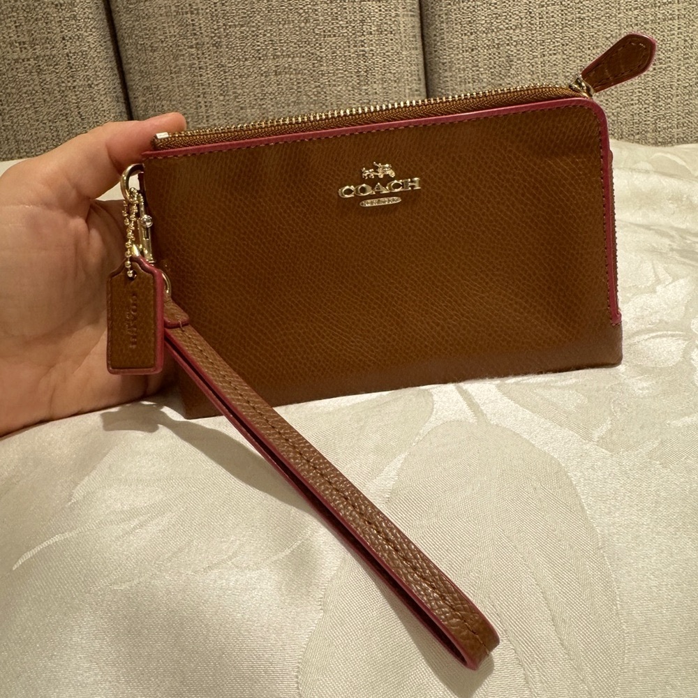 Coach Tan Wristlet with Pink Accents